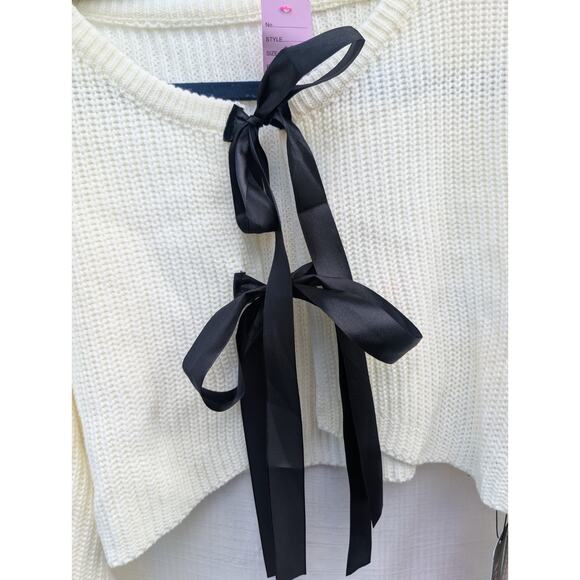 Romwe Women's Tie Front Balloon Sleeve Knit Sweater Sz M Ivory Black Whimsigoth - Picture 4 of 6